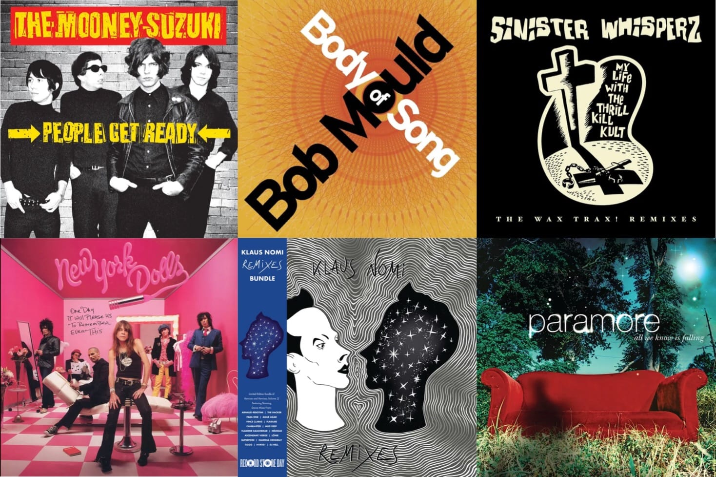 Cover art for the Mooney Suzuki, Bob Mould, My Life with the Thrill Kill Kult, New York Dolls, Klaus Nomi, and Paramore.