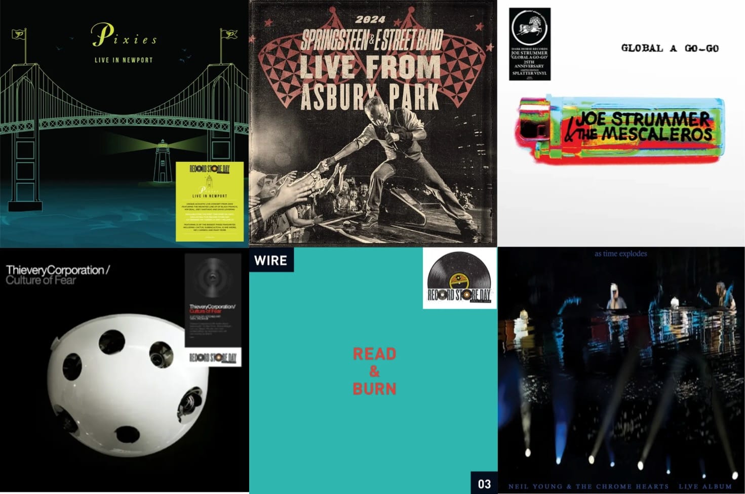 Cover art for Pixies, Bruce Springsteen, Joe Strummer, Thievery Corporation, Wire, and Neil Young.