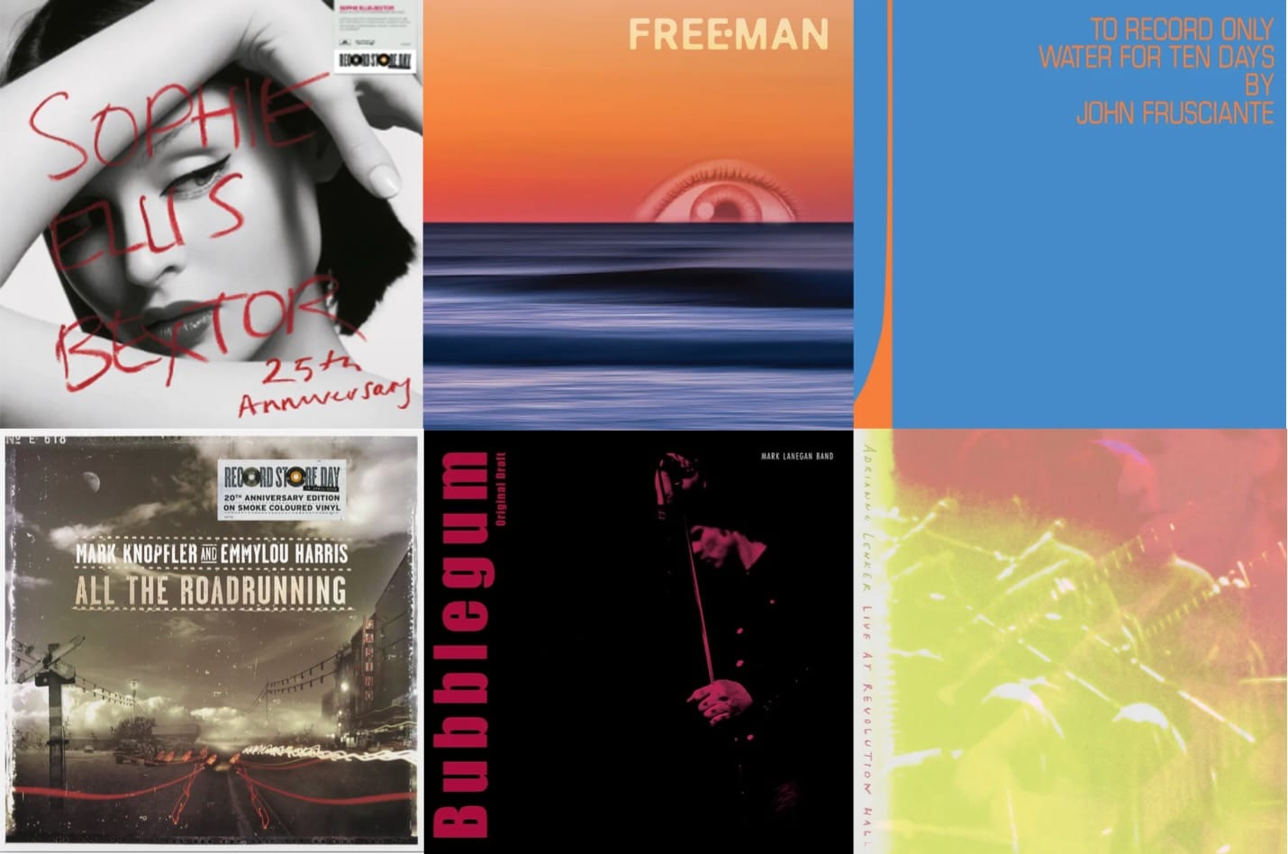 Cover art for Sophie Ellis-Bextor, Freeman, John Frusciante, Mark Knopfler & Emmylou Harris, Mark Lanegan Band, and Adrianne Lenker.