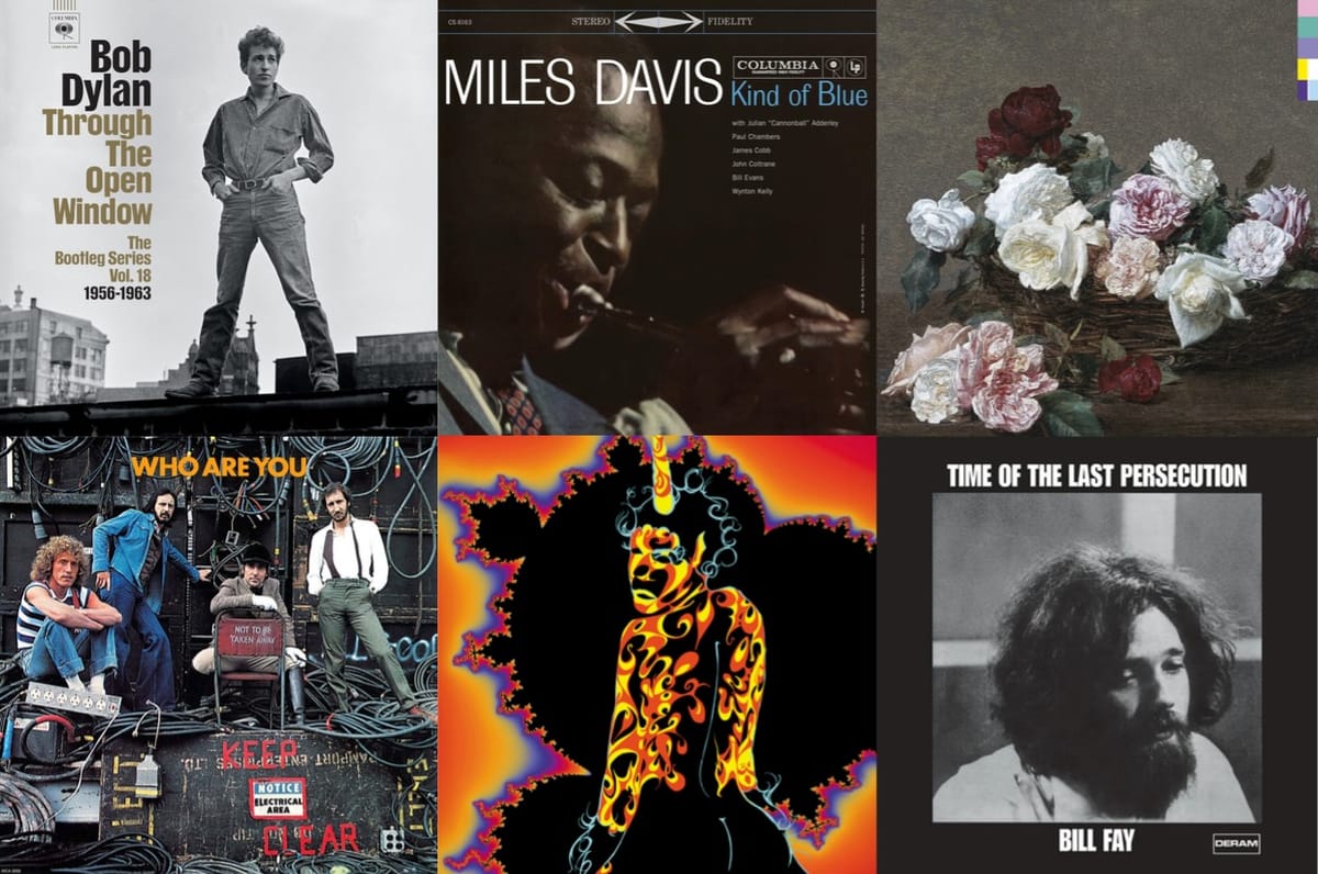 Album cover art for Bob Dylan, Miles Davis, New Order, the Who, Outkast, and Bill Fay.