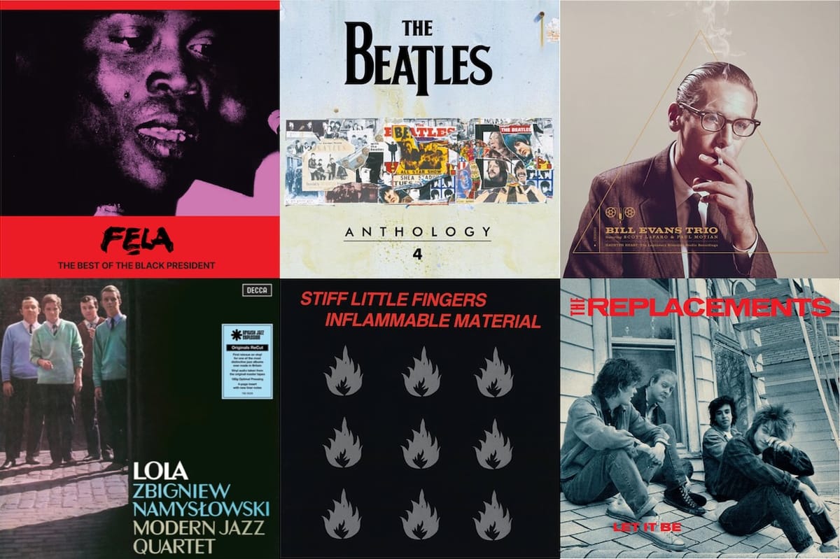 Cover art for Fela Kuti, the Beatles, the Bill Evans Trio, Zbigniew Namysłowski, Stiff Little Fingers, and the Replacements.