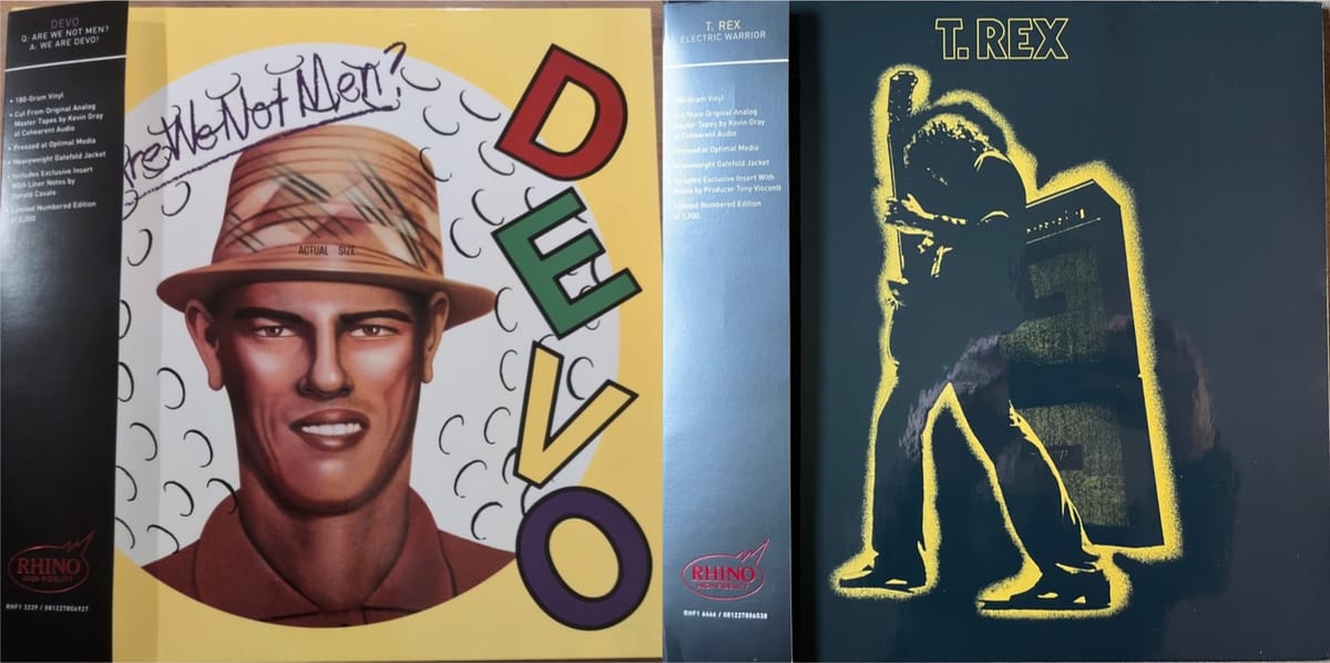 Cover art for Devo and T. Rex.