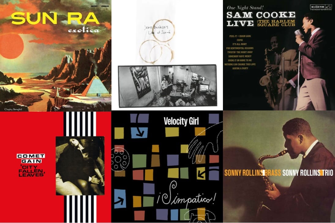 Cover art for Sun Ra, Jeff Buckley, Sam Cooke, Comet Gain, Velocity Girl, and Sonny Rollins.