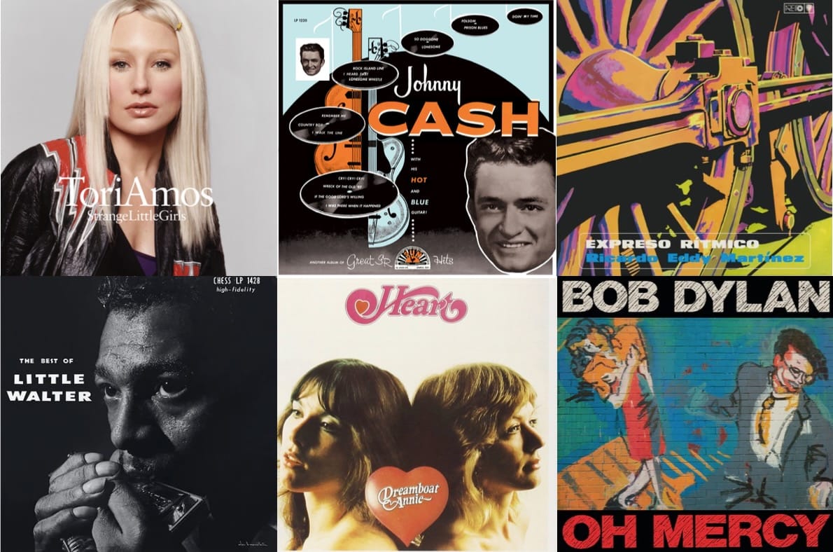 Cover art for Tori Amos, Johnny Cash, Ricardo Eddy Martinez, Little Walter, Heart, and Bob Dylan.