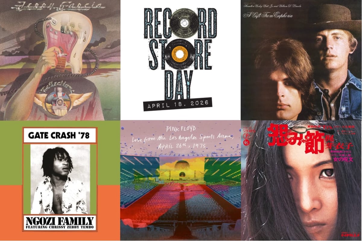 Cover art for Jerry Garcia, Euphoria, Ngozi Family, Pink Floyd, and Meiko Kaji.