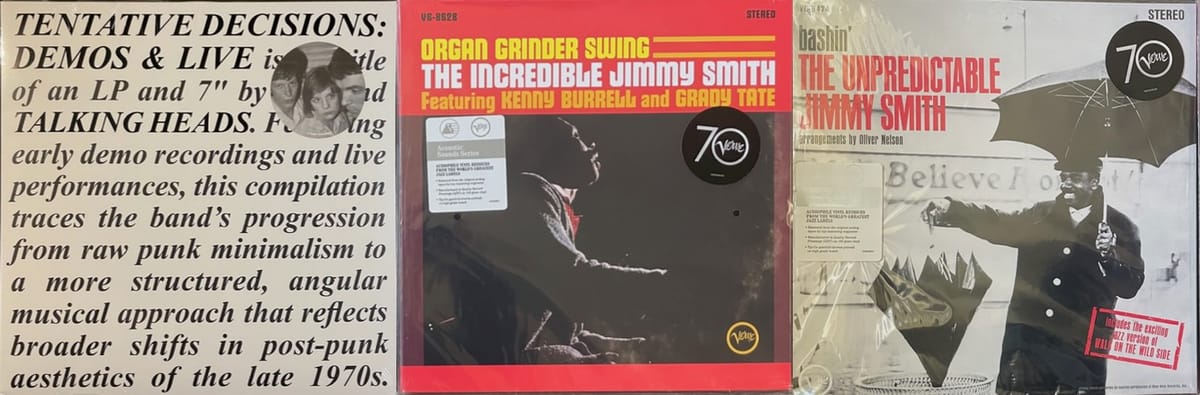 Cover art for Talking Heads and Jimmy Smith.