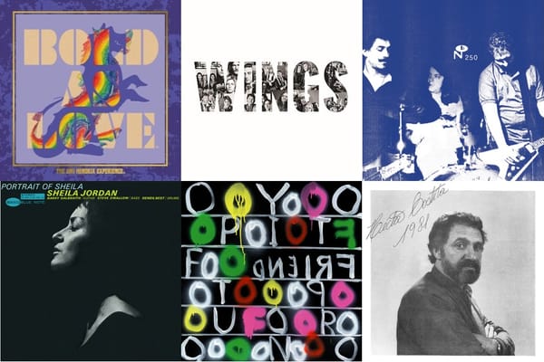 Album cover art for the Jimi Hendrix Experience, Wings, Hüsker Dü, Sheila Jordan, Deerhoof, and Hector Costita.