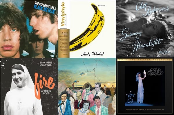 Cover art for the Rolling Stones, the Velvet Underground and Nico, Chet Baker, Sister Irene O'Connor, Split Enz, and Stevie Nicks.