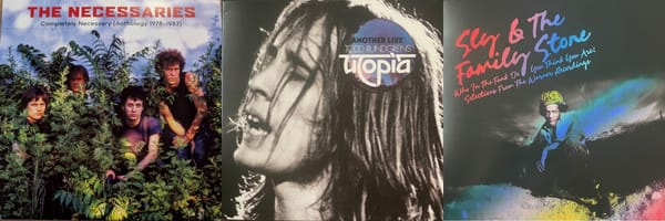 Cover art for the Necessaries, Todd Rundgren's Utopia, and Sly and the Family Stone.