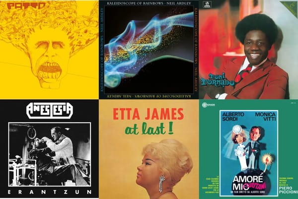 Cover art for Patto, Neil Ardley, Toni Tornado, Anestesia, Etta James, and Piero Piccioni.