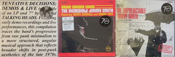 Cover art for Talking Heads and Jimmy Smith.