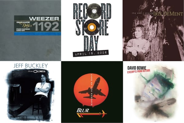 Cover art for Weezer, Iris DeMent, Jeff Buckley, Blur, and David Bowie.